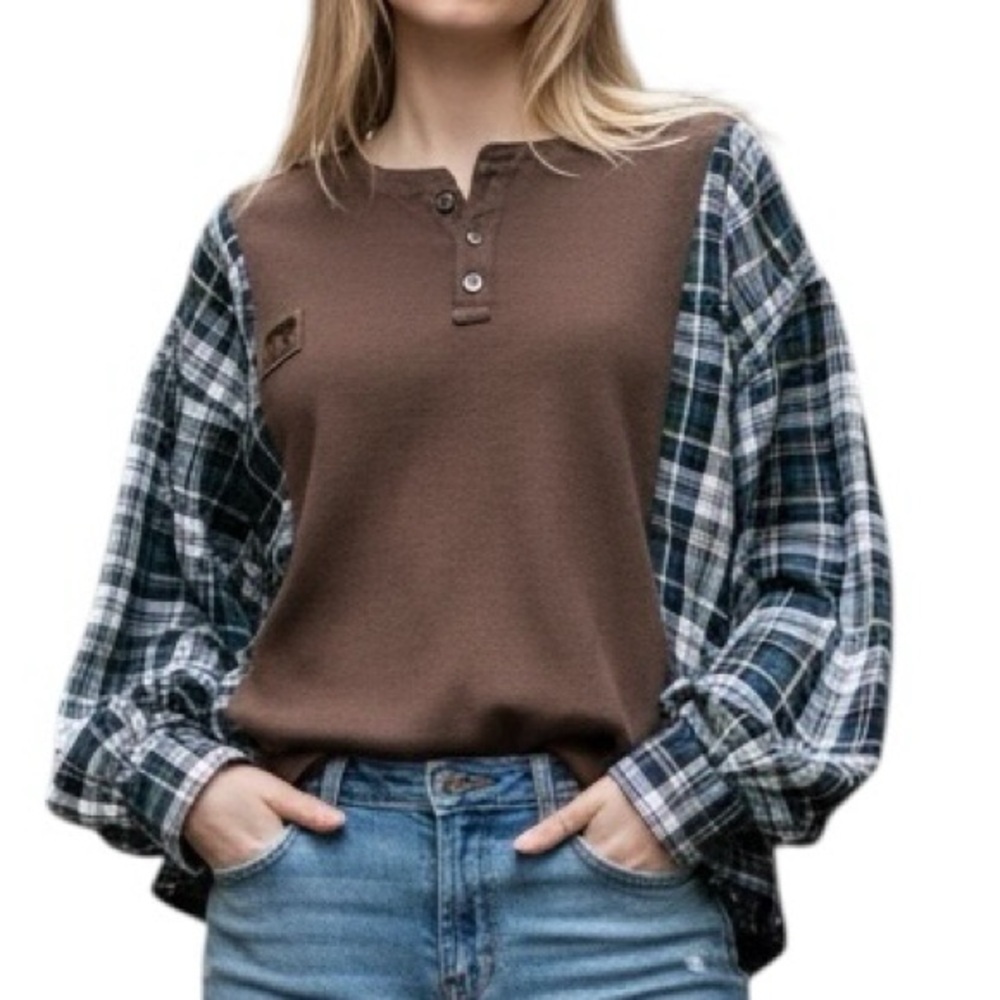 Roundtree & Yorke Large Brown Ribbed Blue Plaid Oversized Long Sleeve Shirt